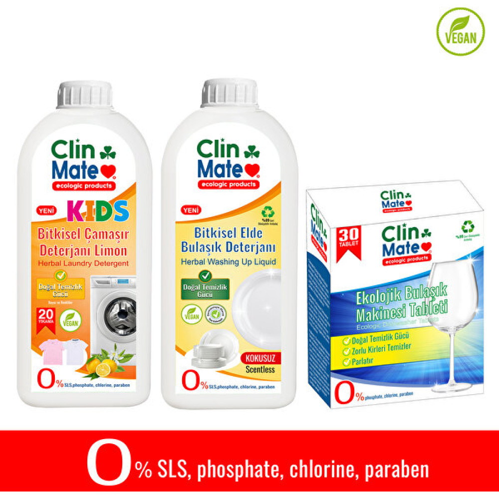 Clinmate 3'lüset Kids Bitkisel Çocuk Deterjanı Limon 750 ml 20YK+BULAŞIK Tableti+ Elde Bulaşık Kokusuz - 1,5 lt Çamaşır Deterjanı Fiyatı