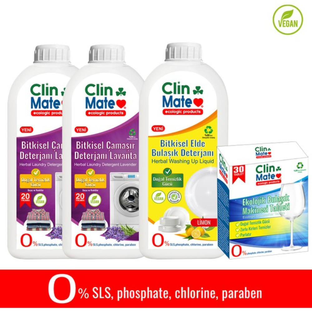 Clinmate 4'lü Set Bitkisel Çamaşır Deterjanı Lavanta 750 ml x 2 Adet + Eko Bulaşık Tableti + Elde Bulaşık Limon - 2,25 lt Çamaşır Deterjanı Fiyatı