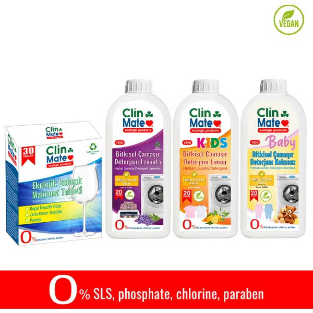 Clinmate 4'lü Set Ekolojik Bulaşık Tableti + Bitkisel Çamaşır Deterjanı Lavanta + Bebek + Çocuk Deterjanı 750 ml Bulaşık Yıkama Fiyatı