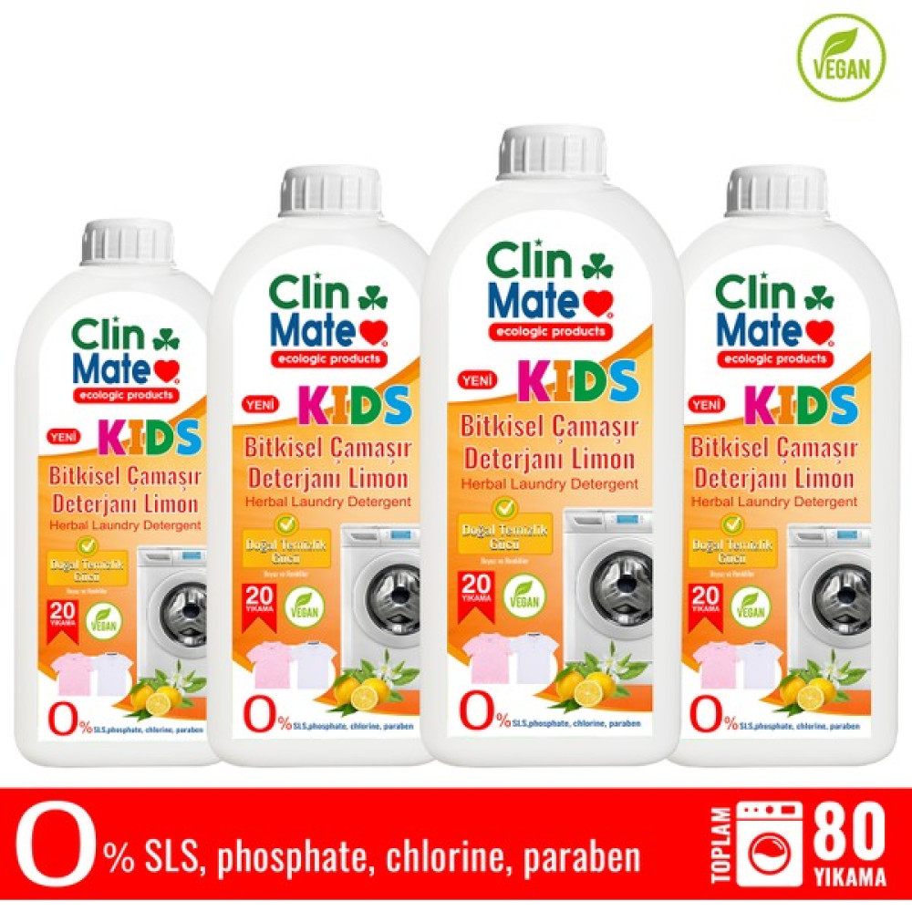 Clinmate 4'lü Set Yeni Clinmate Ekolojik Kids Bitkisel Çocuk Deterjanı Limon 750 ml 80 Yk - 3 lt Çamaşır Deterjanı Fiyatı
