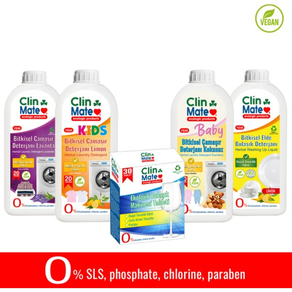 Clinmate 5'li Set Bitkisel Çamaşır Deterjanı Lavanta + Kids + Bebek + Bulaşık Tableti + Elde Bulaşık Limon - 3 lt Çamaşır Deterjanı Fiyatı