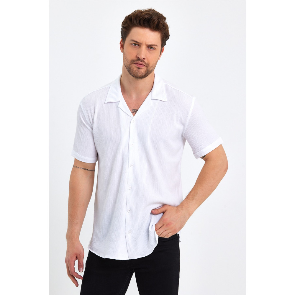 CLIPMAN Erkek Slim Fit Kendinden Desenli Keten Apaş Yaka Kısa Kollu Gömlek Beyaz34 XXL Beden Kadın Gömlek Fiyatı