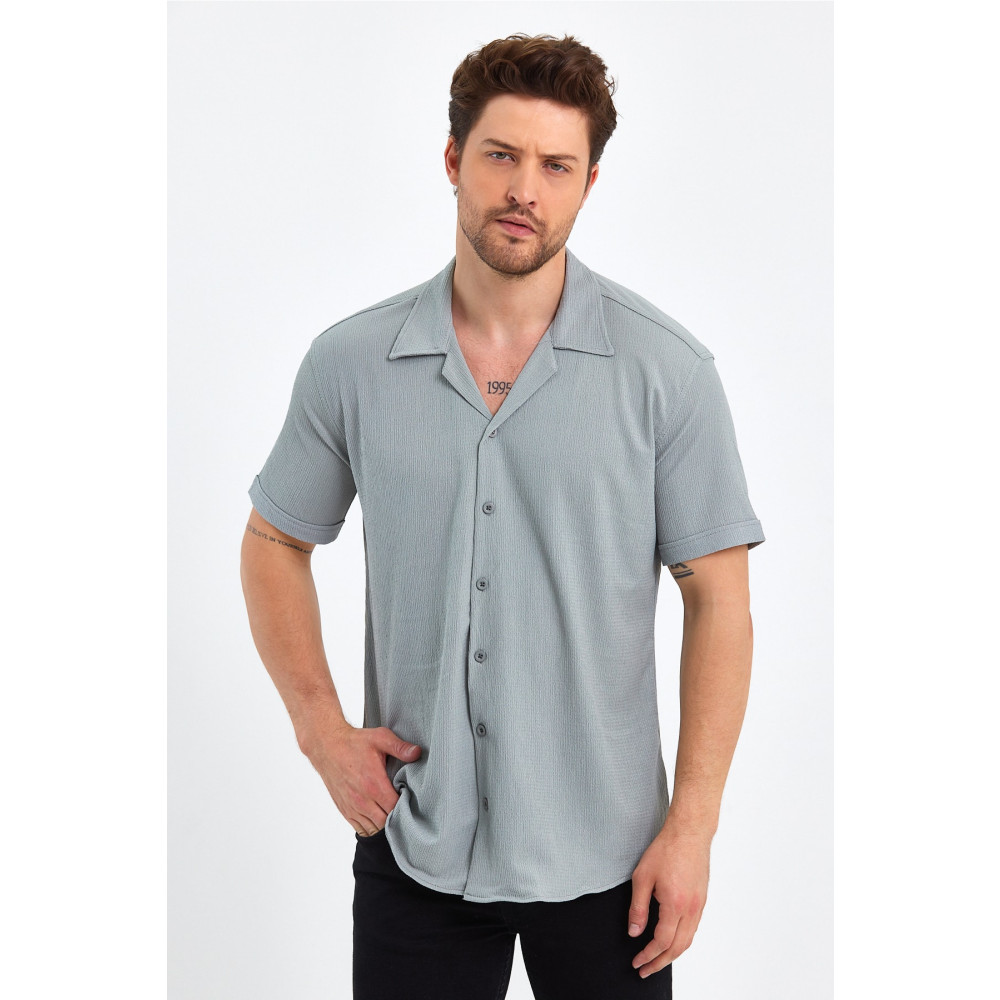 CLIPMAN Erkek Slim Fit Kendinden Desenli Keten Apaş Yaka Kısa Kollu Gömlek Gri S Beden Kadın Gömlek Fiyatı