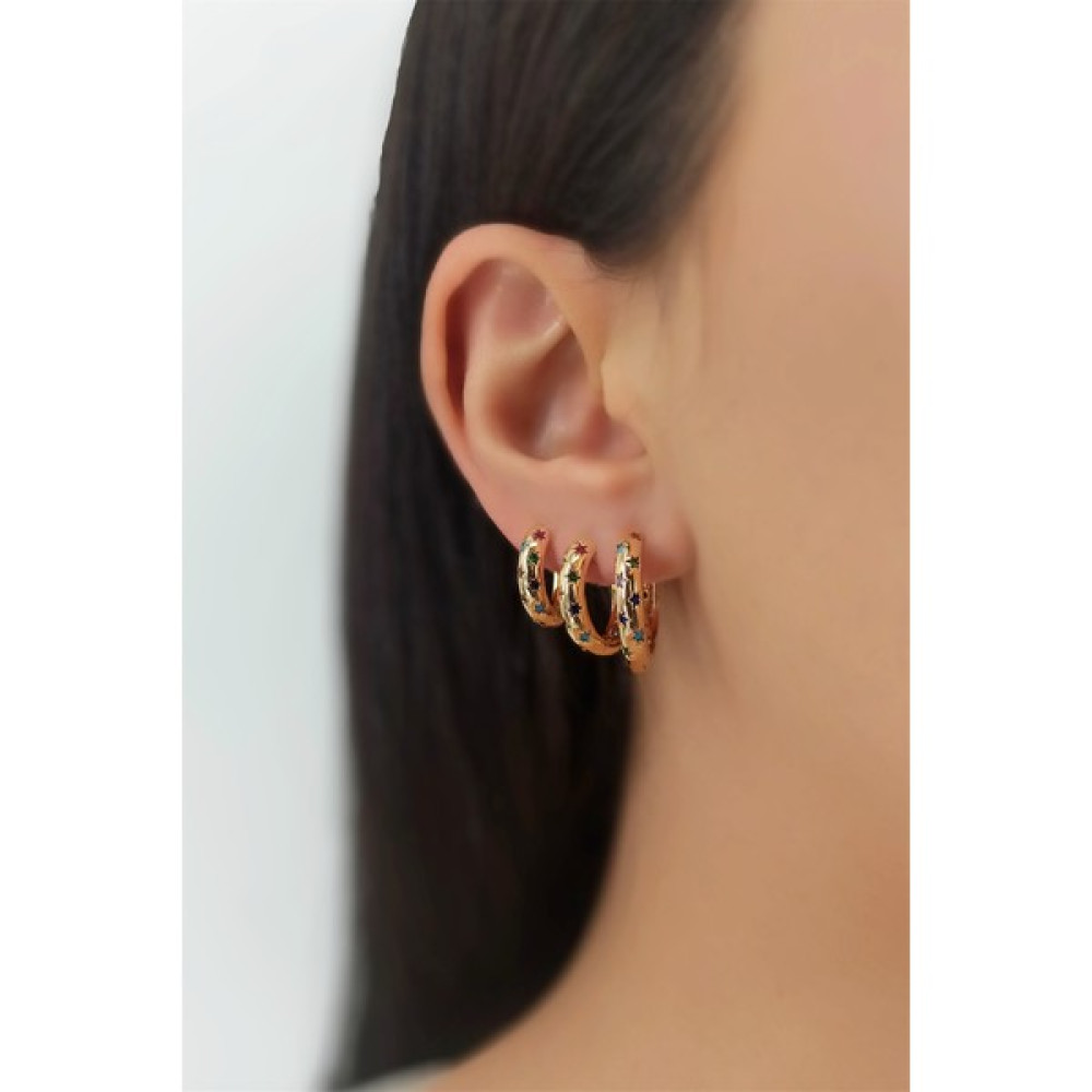 ÇLK Accessories 3'lü Renkli Taş Halka Küpe Kombin TRKÜPE35072 - Gold Bijuteri Küpe Fiyatı