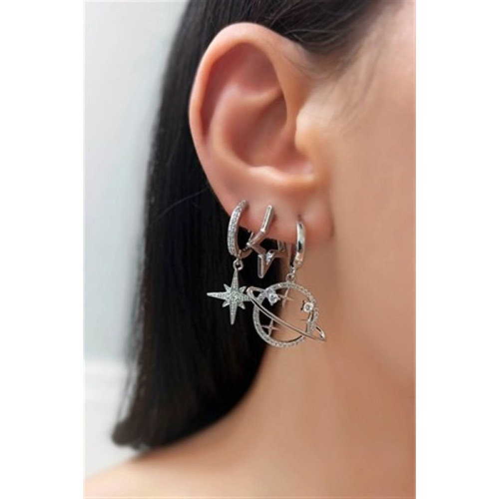 ÇLK Accessories 3'lü Zirkon Taşlı Kombin Küpe - Gümüş Bijuteri Küpe Fiyatı