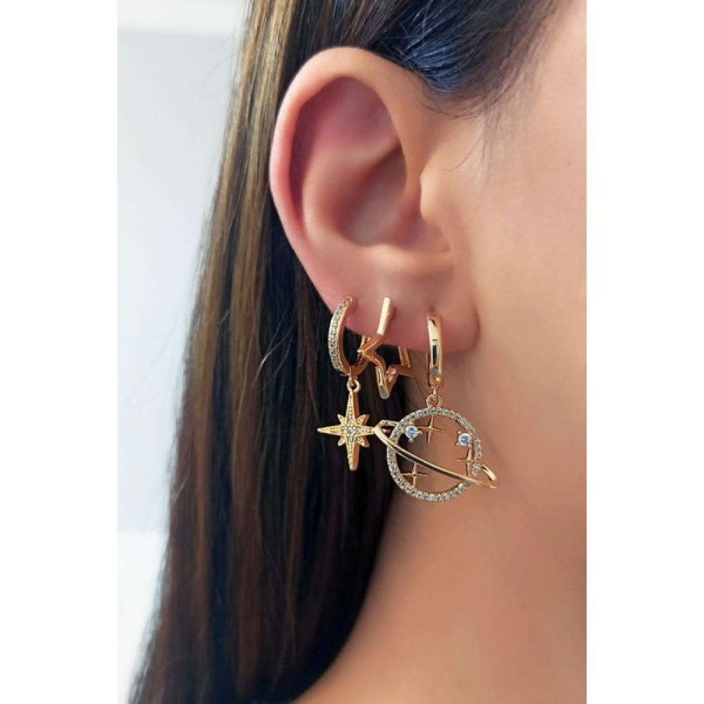ÇLK Accessories 3'lü Zirkon Taşlı Satürn ve Kuzey Yıldızı Kombin Küpe 3754 B33503 - Gold Bijuteri Küpe Fiyatı