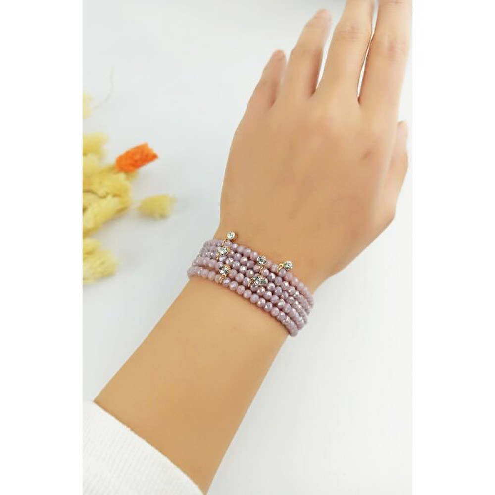 ÇLK Accessories Asansörlü Kristal Boncuk Dört Sıra Taşlı Bileklik TRBILEK7434 B33003 - Mor Saat ve Bileklik Aksesuarı Fiyatı