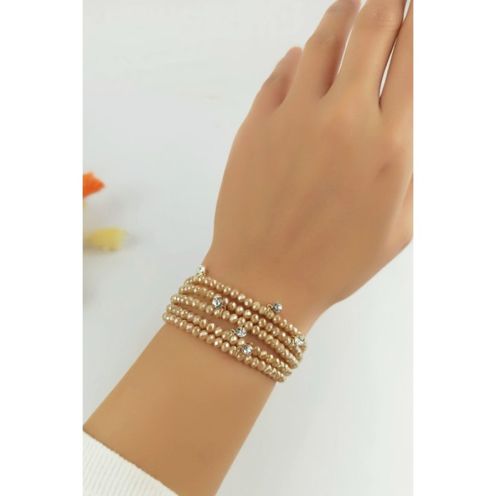 ÇLK Accessories Asansörlü Kristal Boncuk Dört Sıra Taşlı Bileklik TRBILEK7434 B33003 - Vizon Saat ve Bileklik Aksesuarı Fiyatı