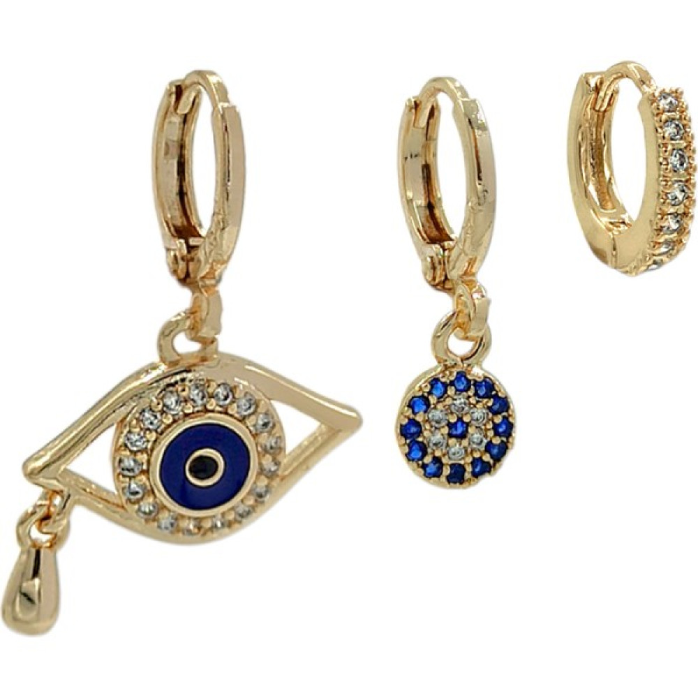 ÇLK Accessories Premium 3'lü Nazar Boncuklu Küpe Kombin - Gold Bijuteri Küpe Fiyatı