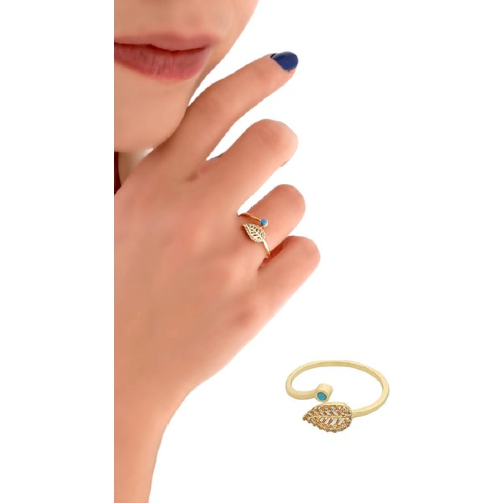 ÇLK Accessories Premium Ayarlanabilir Mavi Taş Yaprak Yüzük - Gold - Standart Bijuteri Yüzük Fiyatı