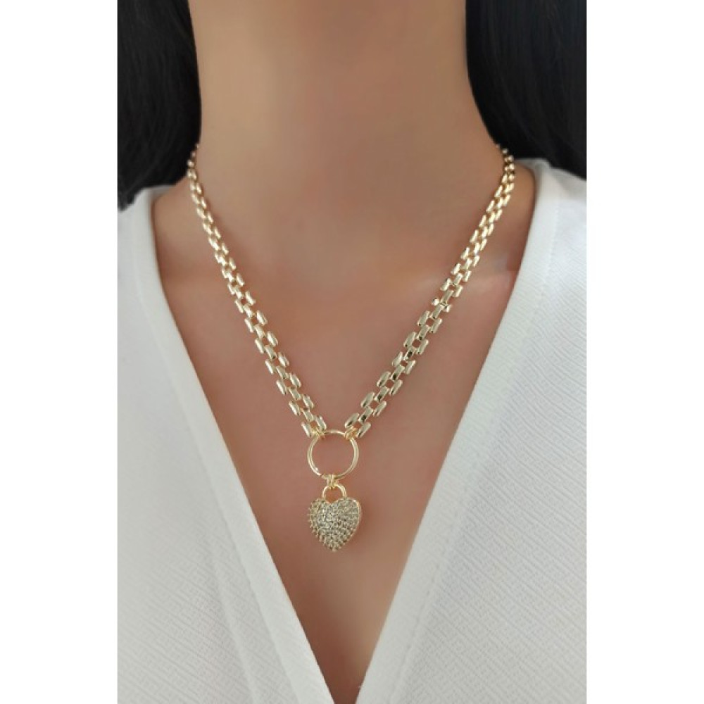 ÇLK Accessories Zirkon Taş Kalp Figür Ray Zincir Kolye TRKOLYE5865 YB34503 - Gold Bijuteri Kolye Fiyatı