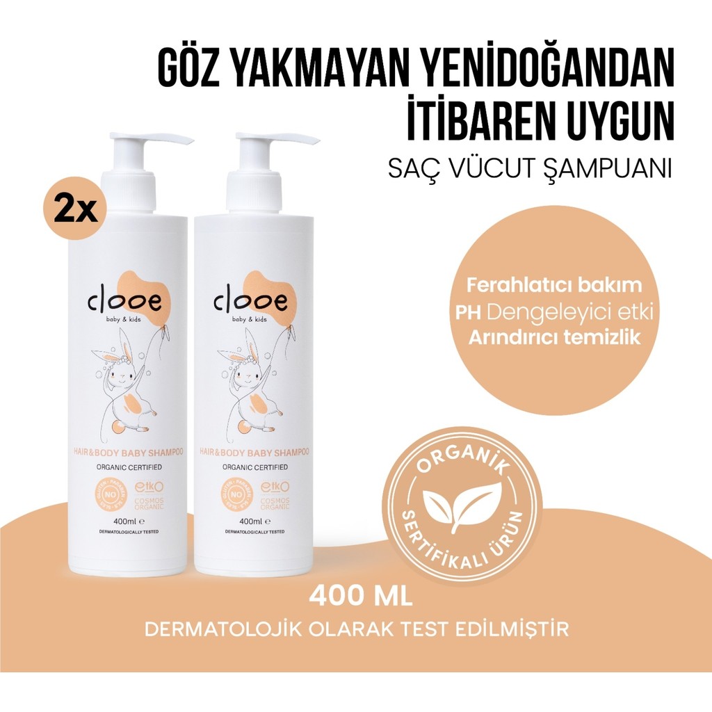 Clooe Organik Sertifikalı Göz Yakmayan SLS SLES ve Gluten İçermeyen Yenidoğan Uyumlu Saç ve Vücut Şampuanı 2'li Avantajlı Bebek ve Çocuk Bakım Şamp... Diğer Fiyatı