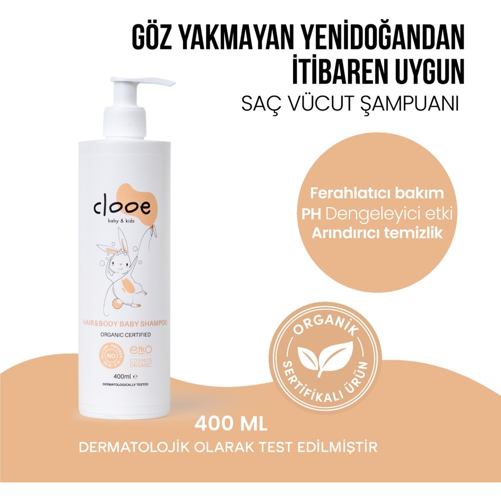 Clooe Organik Sertifikalı Göz Yakmayan SLS SLES ve Gluten İçermeyen Yenidoğan Uyumlu Saç ve Vücut Şampuanı - Bebek ve Çocuklar İçin Doğal İçerikli ... Diğer Fiyatı