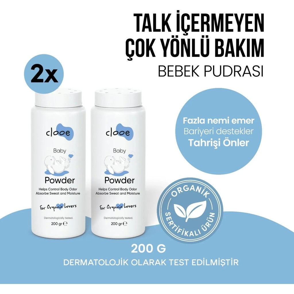 Clooe Organik Sertifikalı Talk İçermeyen Ter ve Nem Emici Prebiyotik Etkili 2'li Bitkisel Bebek Pudrası Seti Diğer Fiyatı