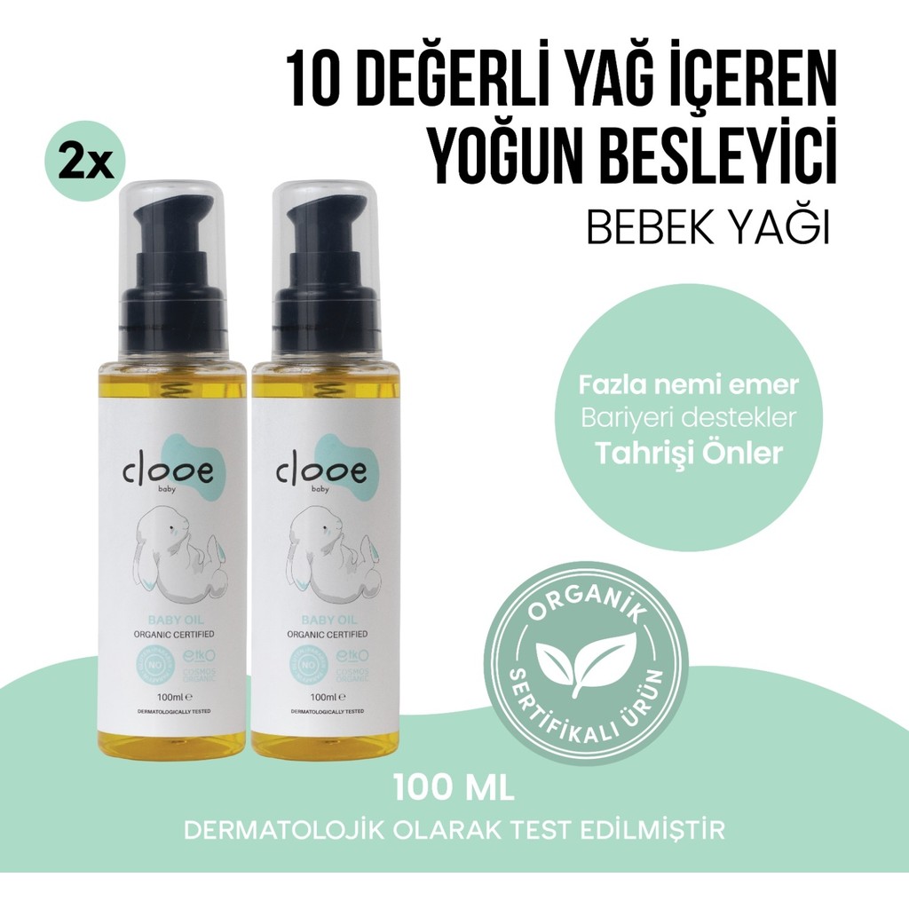 Clooe Organik Sertifikalı Yenidoğan Uyumlu Konak Temizleyici Yağlı His Bırakmayan Hızlı Emilen Masaj ve Banyo Sonrası Bakım Yağı 2'li Avantajlı Beb... Diğer Fiyatı