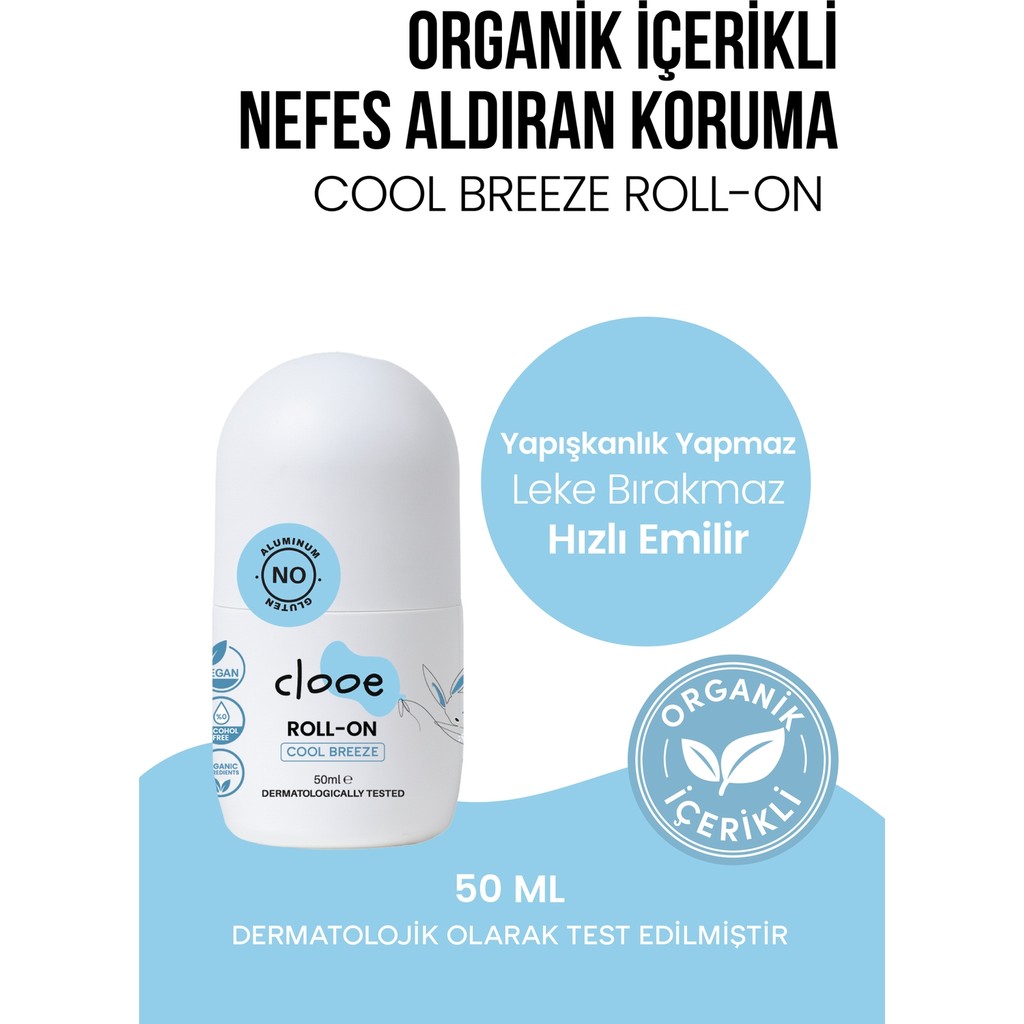 Clooe Vegan Alüminyum ve Alkol İçermeyen Organik Aloe Veralı Karartmayan Unisex Cool Breeze Deodorant Roll-On - 50 ml Diğer Fiyatı