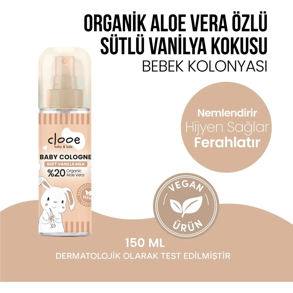 Clooe Vegan Organik Aloe Veralı Hassas Cilt Uyumlu Süt ve Vanilya Kokulu Bebek Kolonyası 150 ml - Kahverengi Diğer Fiyatı