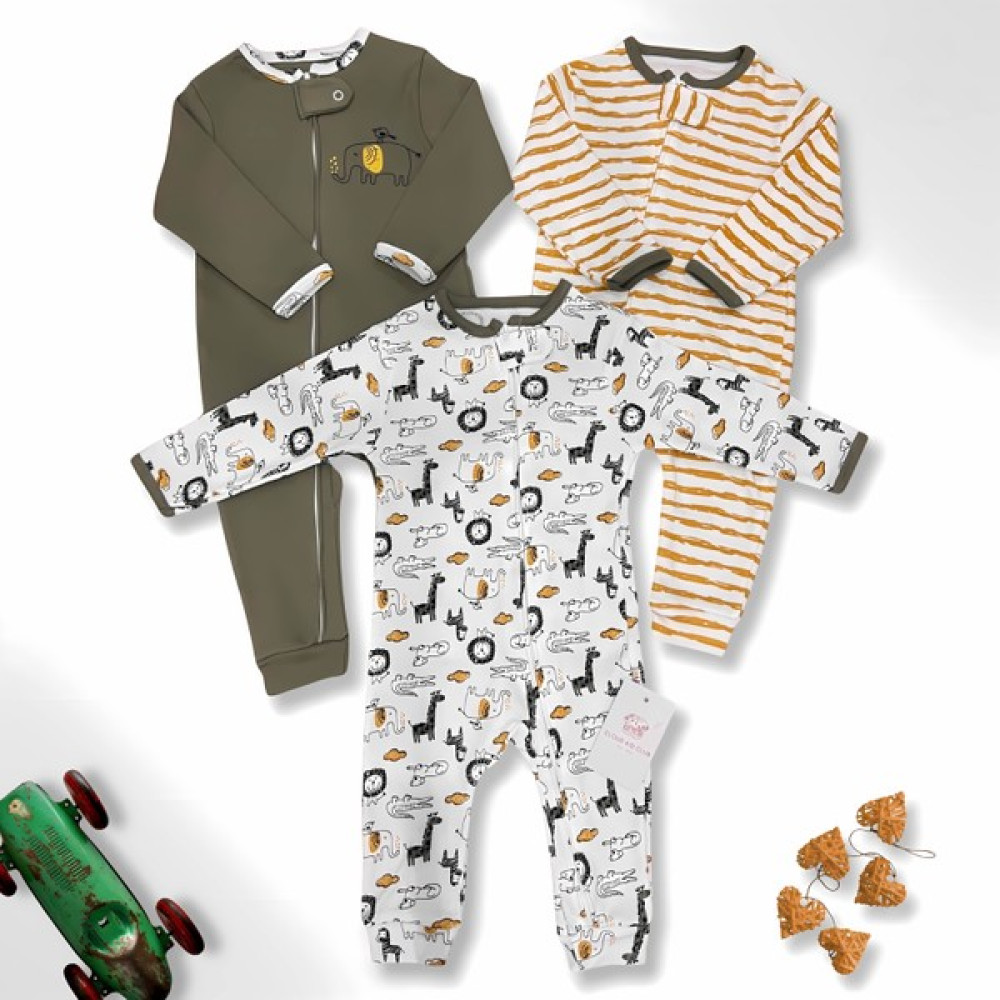 Cloud Kid Club Cloudkidclub Sevimli Safari %100 Doğal Pamuk Özel Kumaş 3'lü Bebek Tulum 0-18 Ay (Erkek/kız) Bebek Tulumu Fiyatı