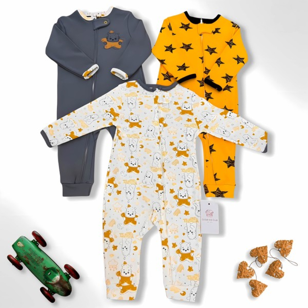 Cloud Kid Club Cloudkidclub Sevimli Uykucu %100 Doğal Pamuk Özel Kumaş 3'lü Bebek Tulum 0-18AY (Erkek/kız) Bebek Tulumu Fiyatı