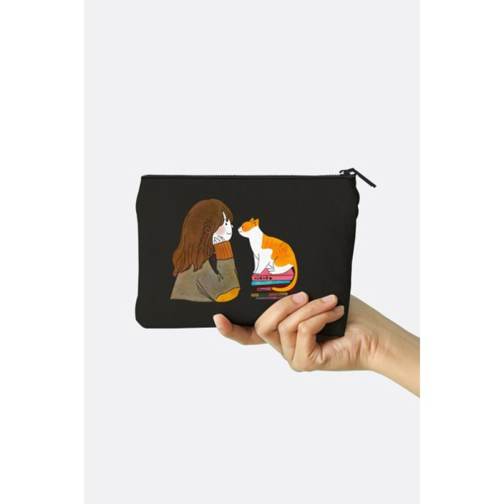 Clutch Kedili Kız Baskılı Siyah Kanvas Makyaj Çantası Makyaj Fırça ve Aksesuarları Fiyatı