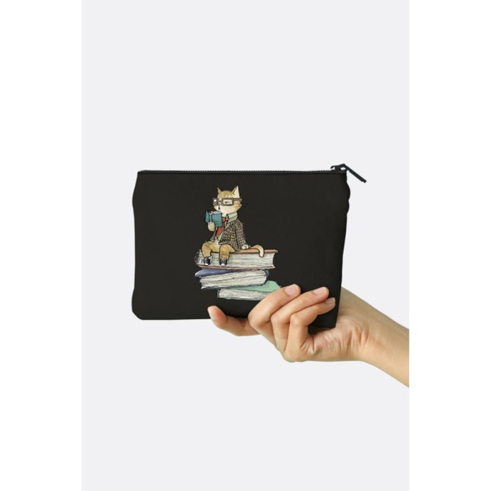 Clutch Kitap Okuyan Kedi Baskılı Siyah Kanvas Makyaj Çantası Oto Boyaları Fiyatı