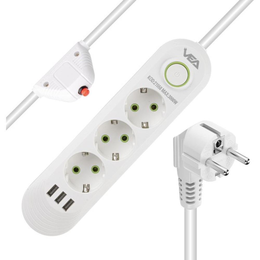 Cmk VA-21558 3'lü 3 Usb'li 1.5 Metre Akım Korumalı Priz Beyaz Prizler Fiyatı