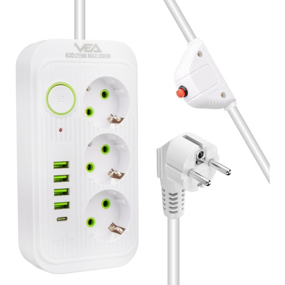 Cmk VA-21566 3'lü 4 USB + Type-C 1.5 Metre Akım Korumalı Priz Beyaz Prizler Fiyatı