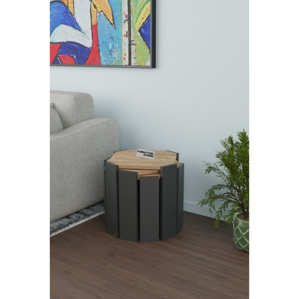 Cmkstore Sekizgen Üçlü Zigon Sehpa Seti Sunta Yan Sehpa Atlantik Çam - Antrasit Yan Sehpa Fiyatı