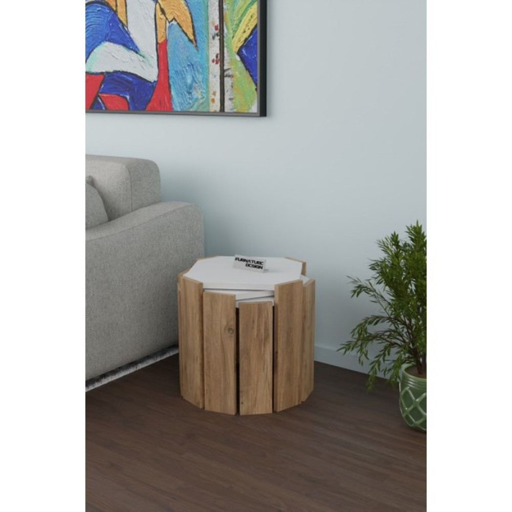 Cmkstore Sekizgen Üçlü Zigon Sehpa Seti Sunta Yan Sehpa Beyaz - Atlantik Çam Yan Sehpa Fiyatı