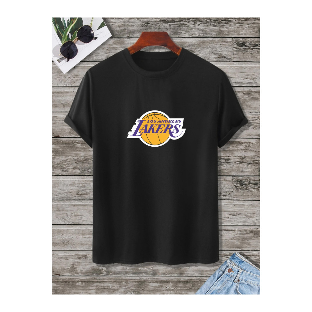 CMKTEKS Unisex Lakers Siyah Oversize Bisiklet Yaka Baskılı T-shirt S Beden Bayan T-shirt Fiyatı