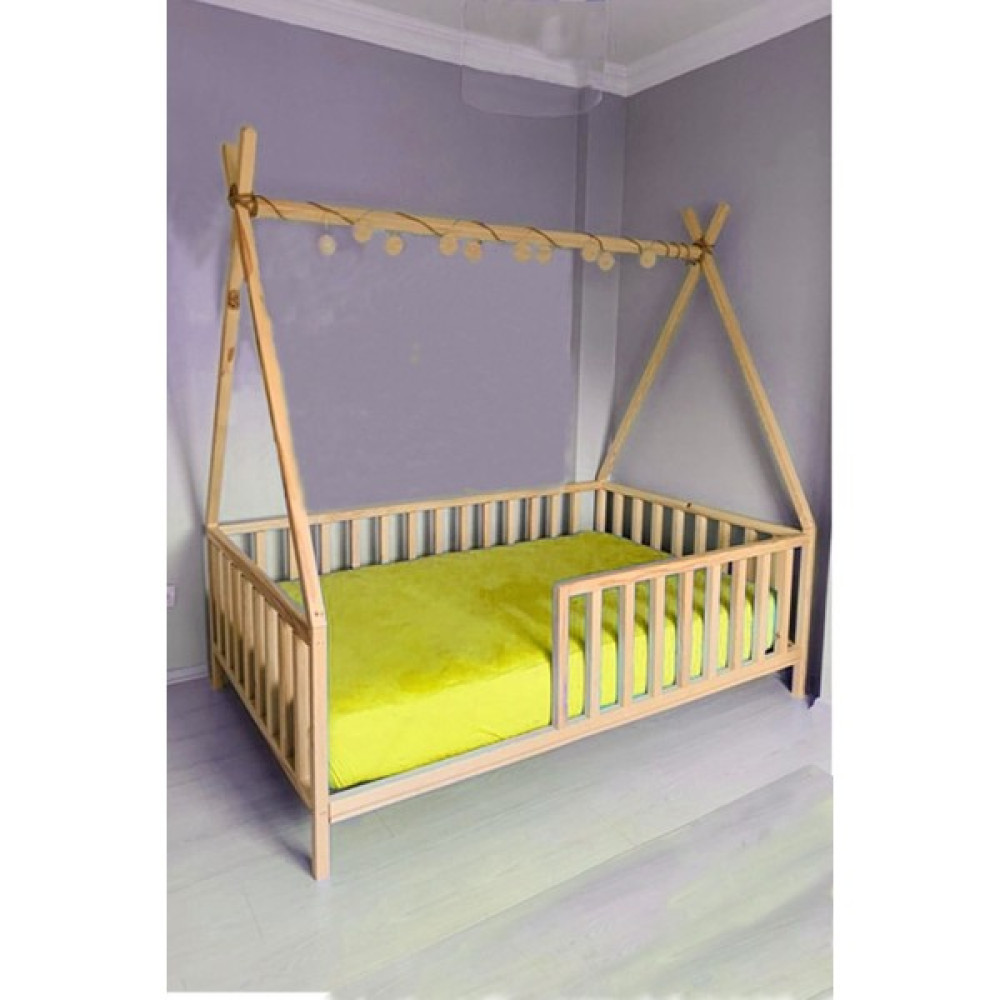 CND Home Çatılı Unisex Montessori Bebek ve Çocuk Karyolası Doğal Ahşap Yatak - 60 x 120 cm Karyola Fiyatı
