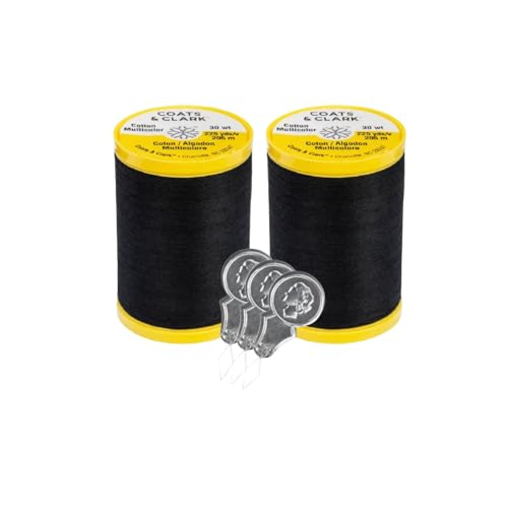 Coats & Clark Cotton All Purpose Sewing Thread 100% Mercerized Cotton 225 Yards Each Spool S970 2 Pack Bundle with 3 Bella's Crafts Needle Threaders (Black)