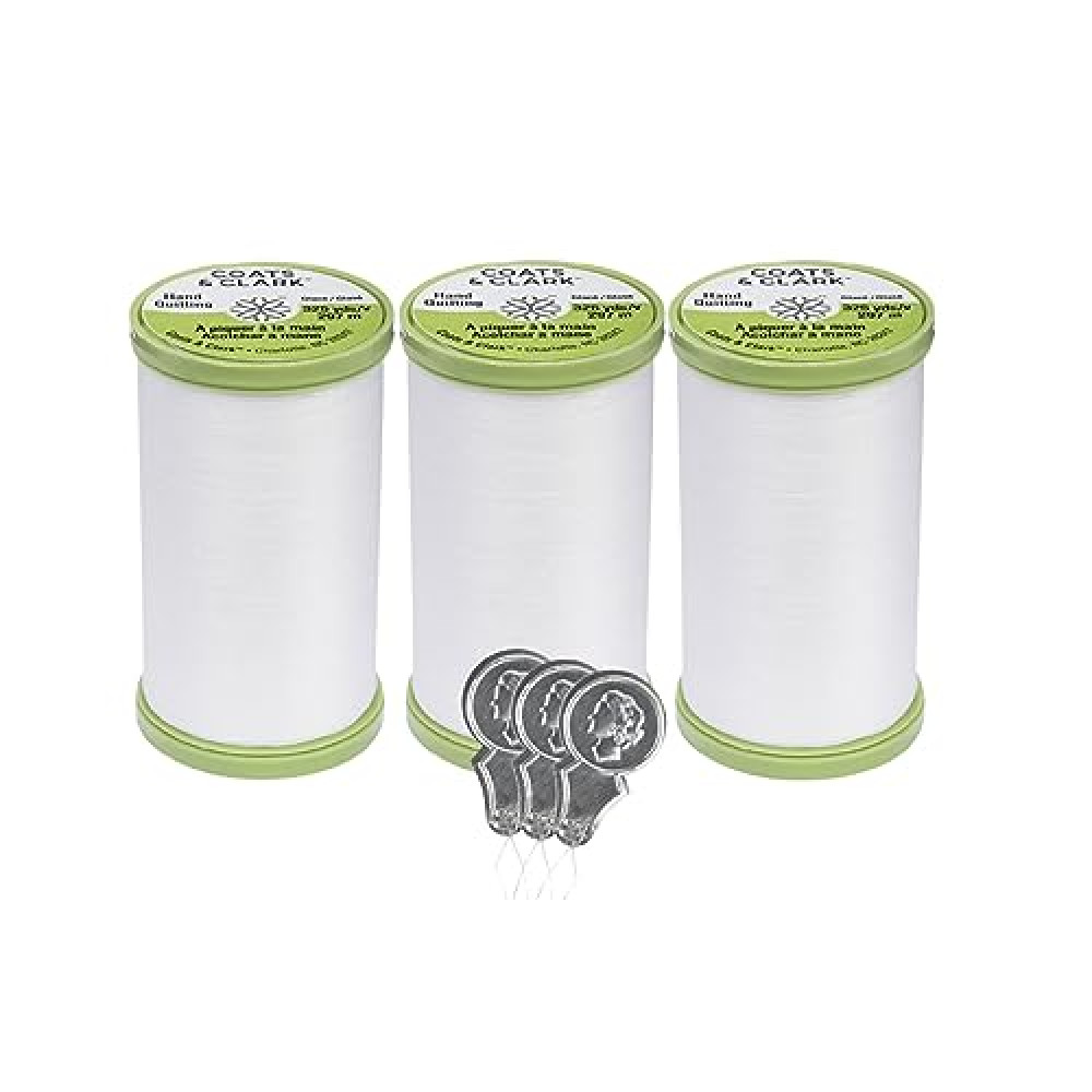 Coats & Clark Hand Quilting Sewing Thread Cotton Covered Polyester 325 Yards S960 3 Pack Bundle with 3 Bella's Crafts Needle Threaders (White)