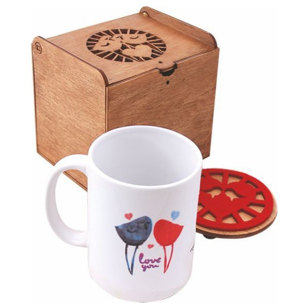 Coccomell 5214102 El Yapımı Ahşap Kutusunda Seramik Bardak Ve Bardak Altlığı - Aşk Kuşları Fincan / Bardak / Kahve Takımı Fiyatı