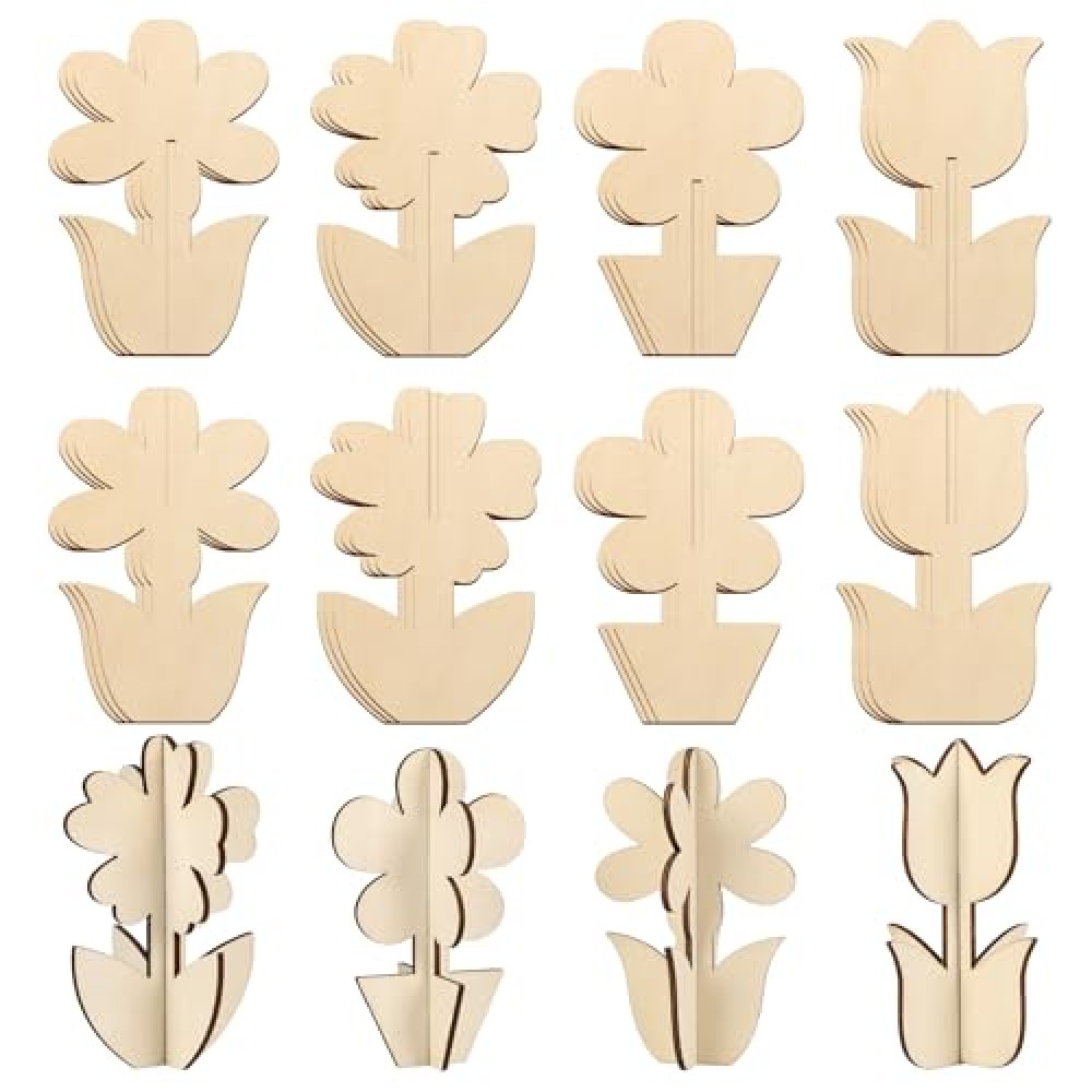 COCHIE DIY 3D Flower Spring Wood Crafts to Paint for Kids Adults, Paintable Unfinished Wooden Slices for Craft, Flowers Cutouts Ornaments for Painting Decorations (24 PCS)