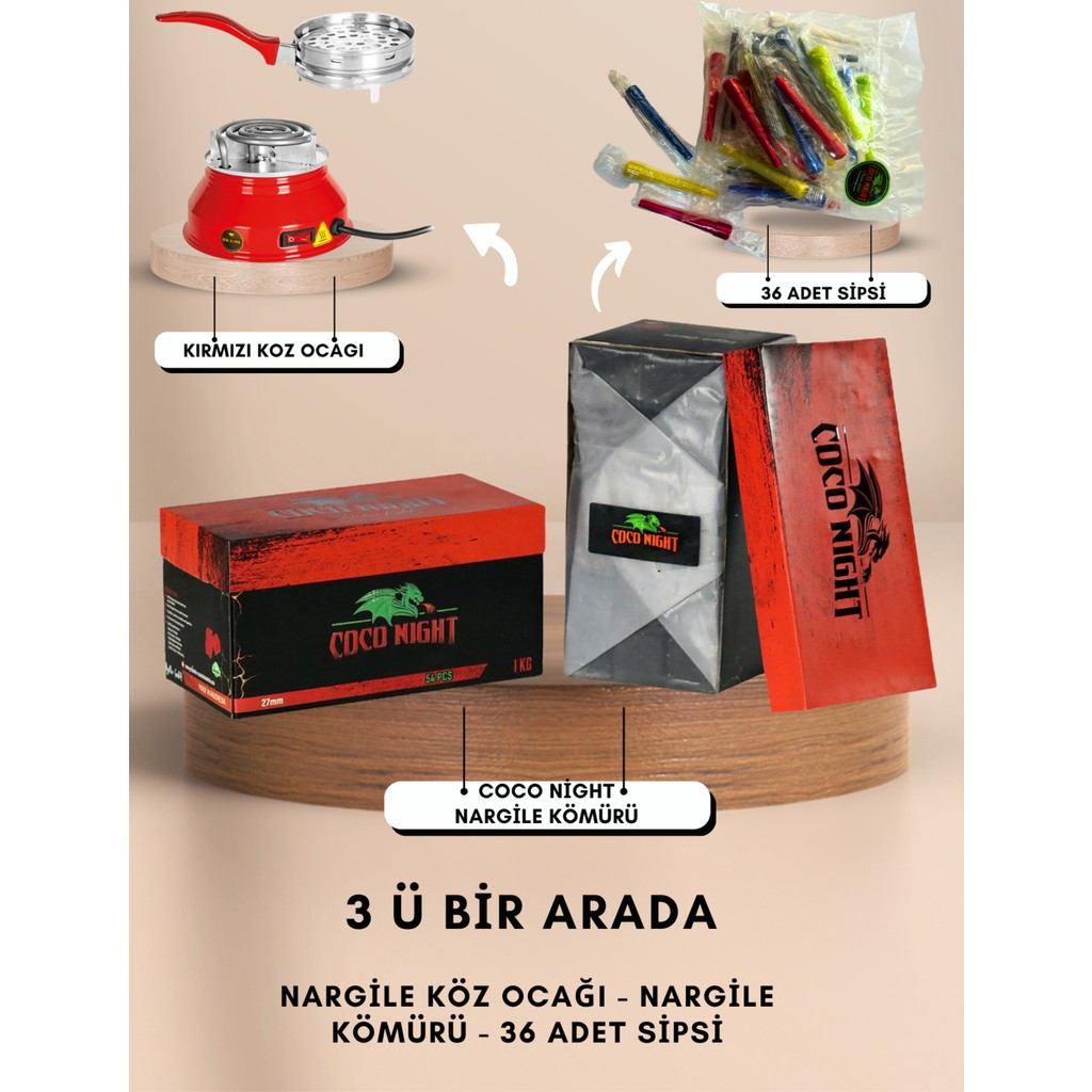 Coco Night 1kg #27MM Nargile Kömürü, 1 Adet Nargile Köz Ocağı, 34 Adet Sipsi, (Kozmatik Nargile, Nargile Kömürü, Sipsi) - Kırmızı Diğer Fiyatı