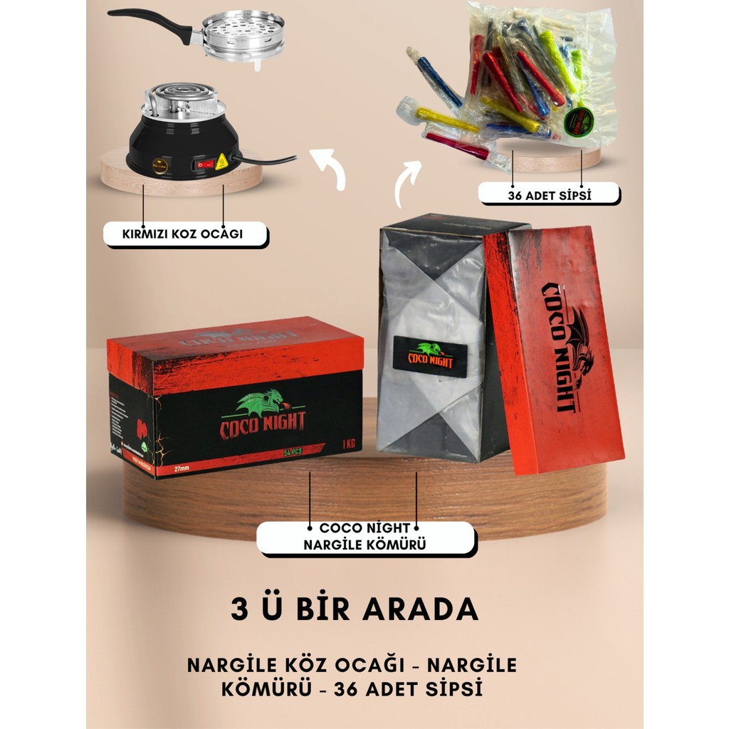 Coco Night 1kg #27MM Nargile Kömürü, 1 Adet Nargile Köz Ocağı, 34 Adet Sipsi, (Kozmatik Nargile, Nargile Kömürü, Sipsi) - Siyah Diğer Fiyatı