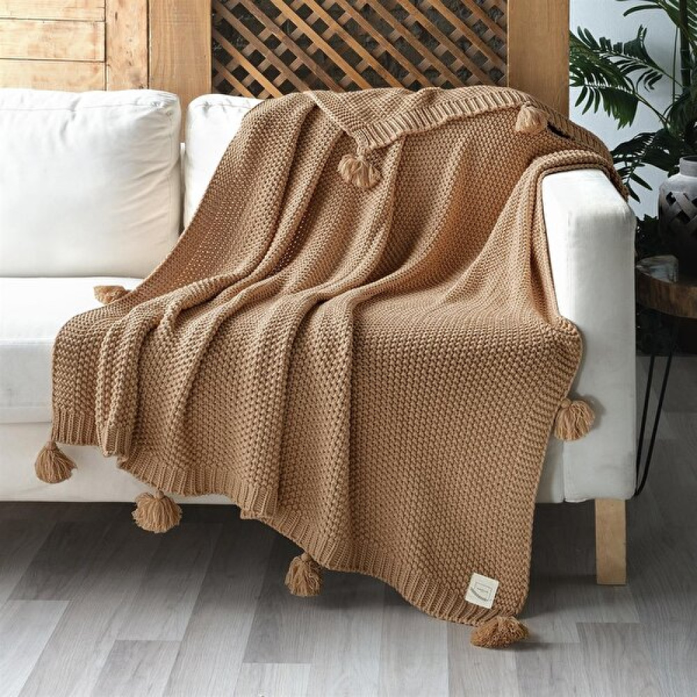 Coco Pirinç Örgü Ponponlu Triko Tv Battaniyesi Throw Koltuk Şalı - 130 x 170 cm - Camel Koltuk & Kanepe Örtüsü Fiyatı