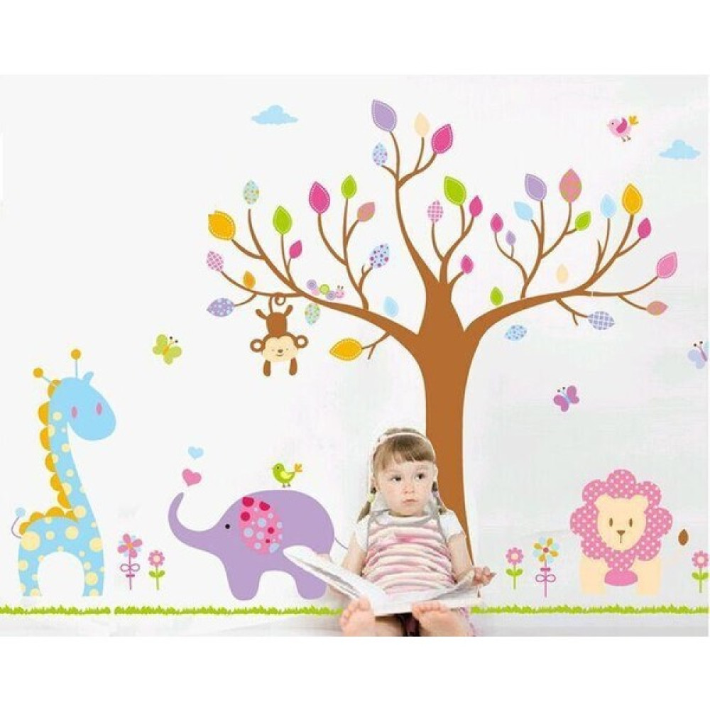 Çocuk Odası Dekorasyonu Renkli Ağaç ve Hayvanlar Duvar Sticker Hediyelik Görsel Bebek Odası Duvar Süsü Fiyatı