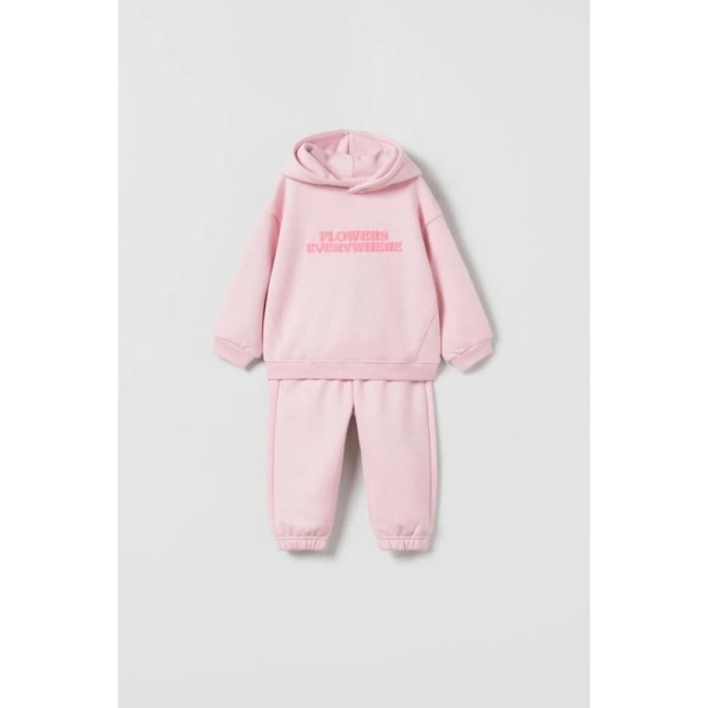Çocuk Pembe Sloganlı Pamuklu Kapşonlu Sweatshirt Eşofman Alt-Üst Takım Kız Çocuk Giyim Takımı Fiyatı