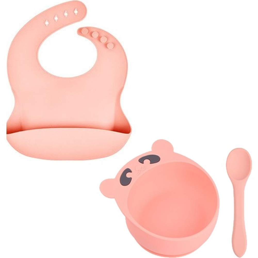 Çocuk Silikon Mama Önlüğü, Silikon Vakumlu Kase, Silikon Kaşık (Pembe Renk) - Pembe Mama Seti Fiyatı