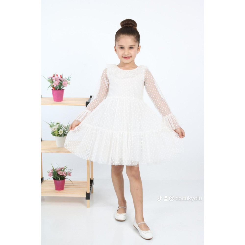 ÇocukYoluKids Puantiyeli Tüllü Beyaz Kız Çocuk Elbise 9-10 Yaş Beden Elbise Fiyatı
