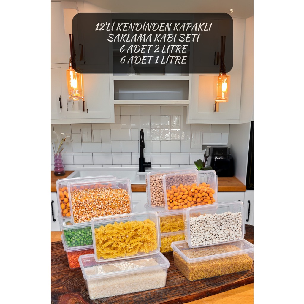 Codemfire 12 Parça Saklama Kabı Erzak Kabı Bakliyat Kabı Kendinden Kapaklı Gıdaya Uygun 6X(2000ML-1000ML) - 1 lt Eşya Saklama / Düzenleme Fiyatı