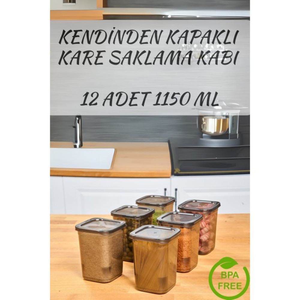 Codemfire 12'Li Kendinden Kendinden Kapaklı Kare Saklama Kabı, Erzak, Baharat 1,15 Litre Antrasit - 1,2 lt Saklama Kapları Fiyatı
