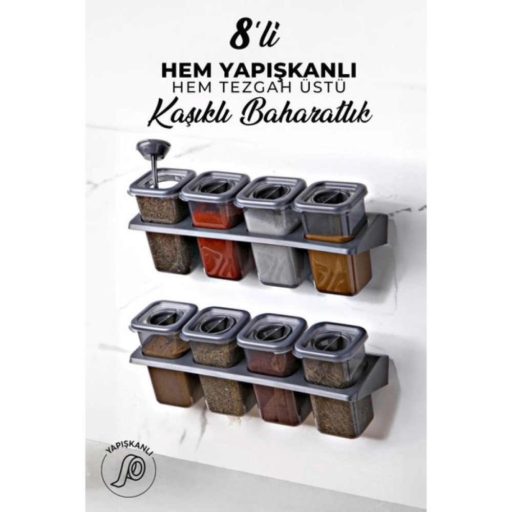 Codemfire 8'Li Kaşıklı, Yapışkanlı, Standlı 400 Ml Baharatlık Seti Füme - Antrasit Baharat Setleri & Baharatlıklar Fiyatı