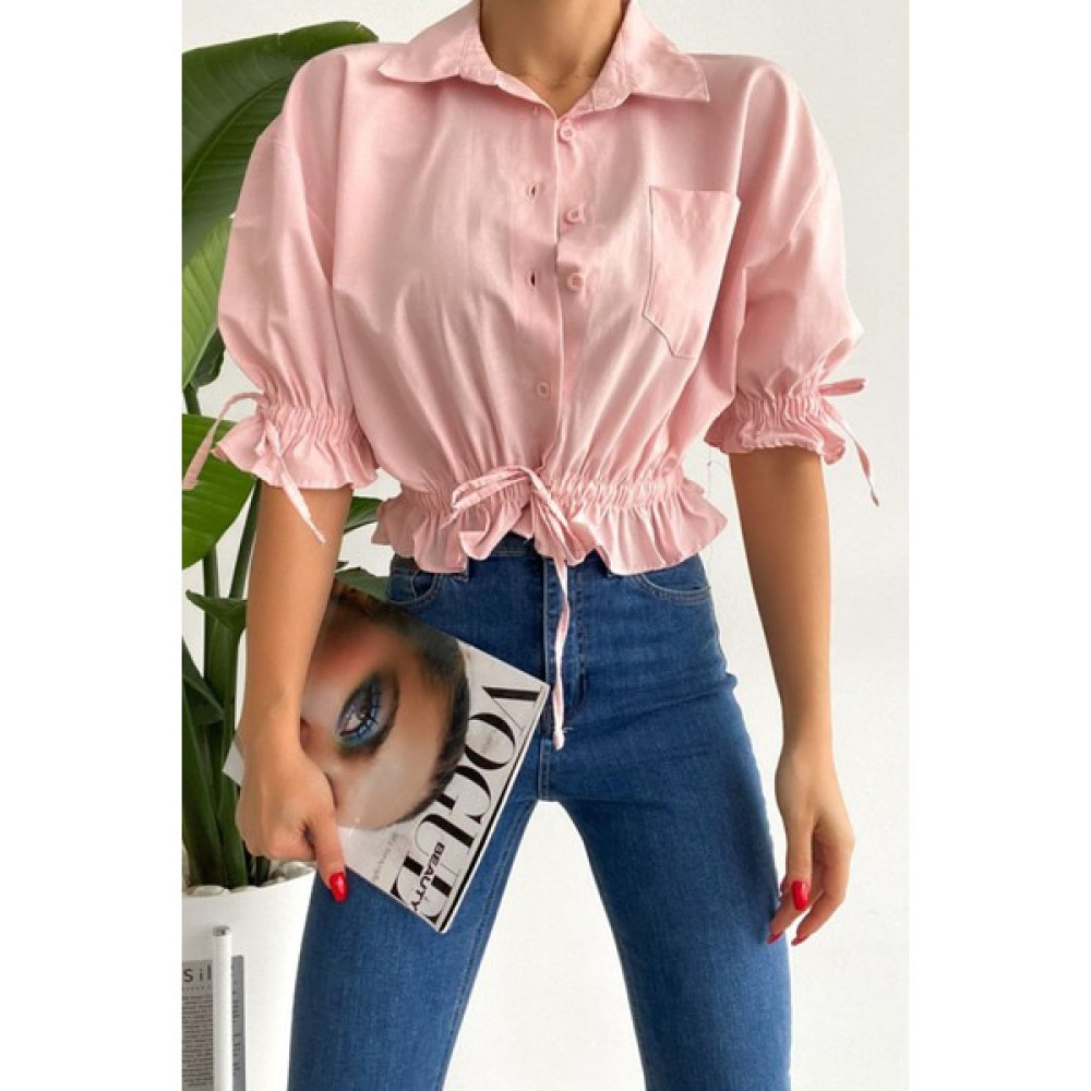 Cof Butik Bel Büzgülü Fakir Kol Bluz Gömlek Pudra Kadın Gömlek Fiyatı