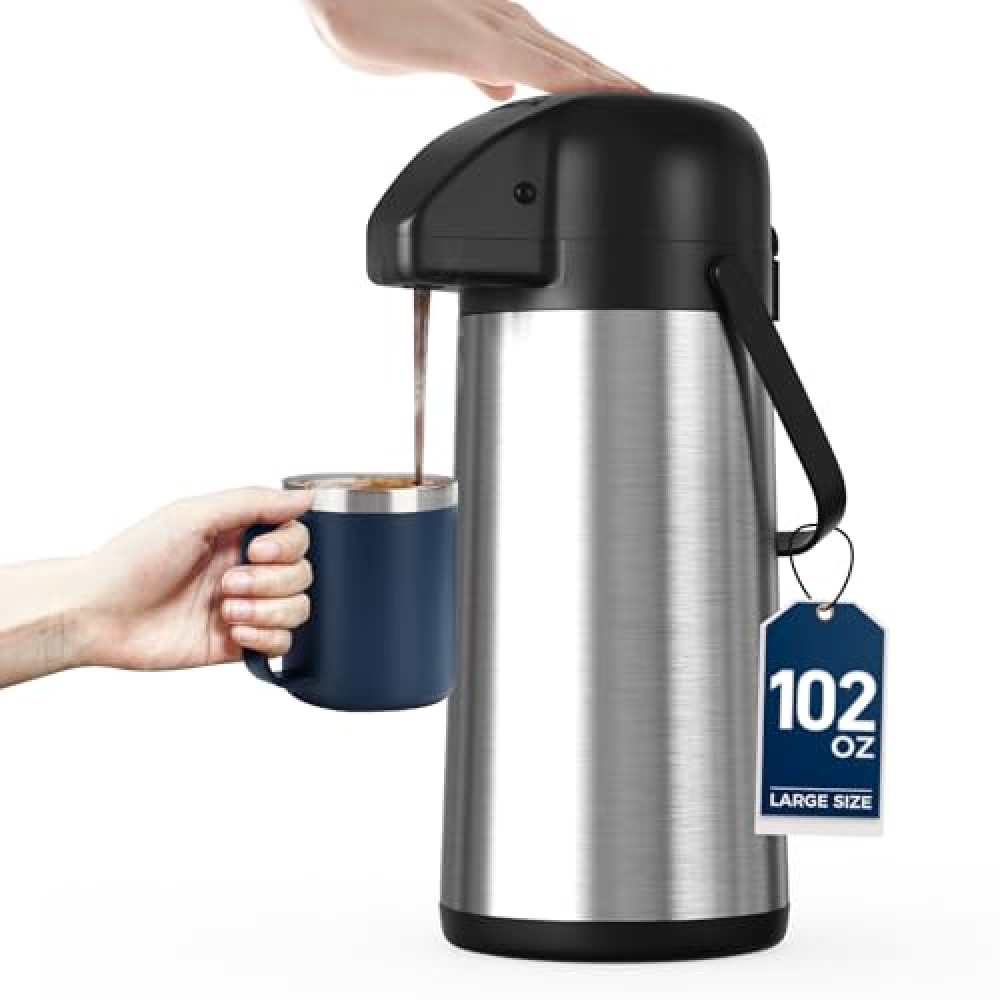 Coffee Carafe for Keeping Hot - 102OZ / 3L Airpot Coffee Dispenser with Pump - Large Coffee Thermos for Hot Drinks Tea Liquid - Insulated Stainless Steel Hot Water Beverage Dispenser Urn for Parties
