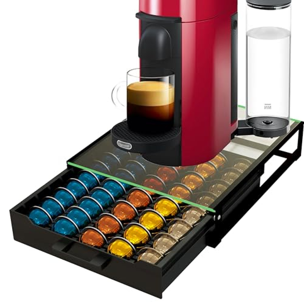 Coffee Pod Holder Drawer Organizer with Crystal Clear Tempered Glass Topboard, Compatible for 75 Small or 50 Big Nespresso Vertuo Pods (CRYSTAL CLEAR TEMPERED GLASS NESPRESSO PODS HOLDER DRAWER)