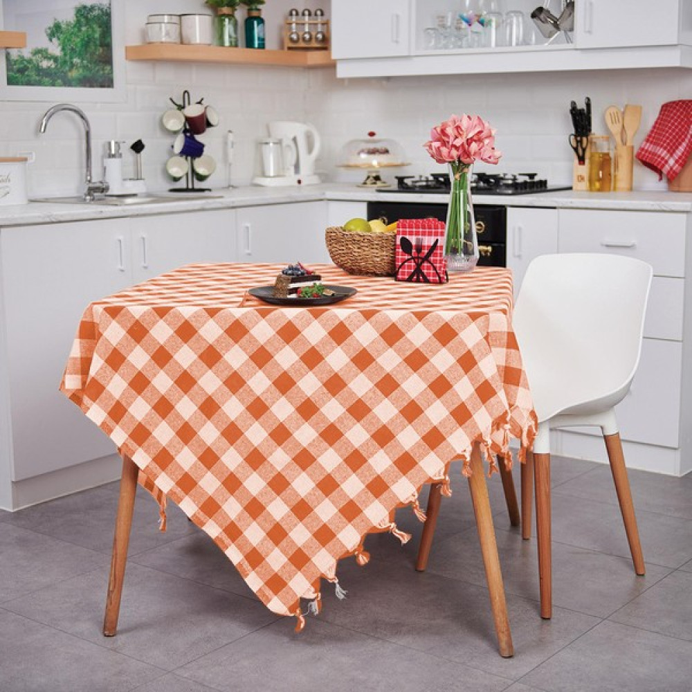 Çok Amaçlı Sofra Bezi Piknik Örtüsü & Masa Örtüsü Ekose Pötikare Desenli 140X140 cm - Turuncu - 140 x 140 cm Masa Örtüsü Fiyatı