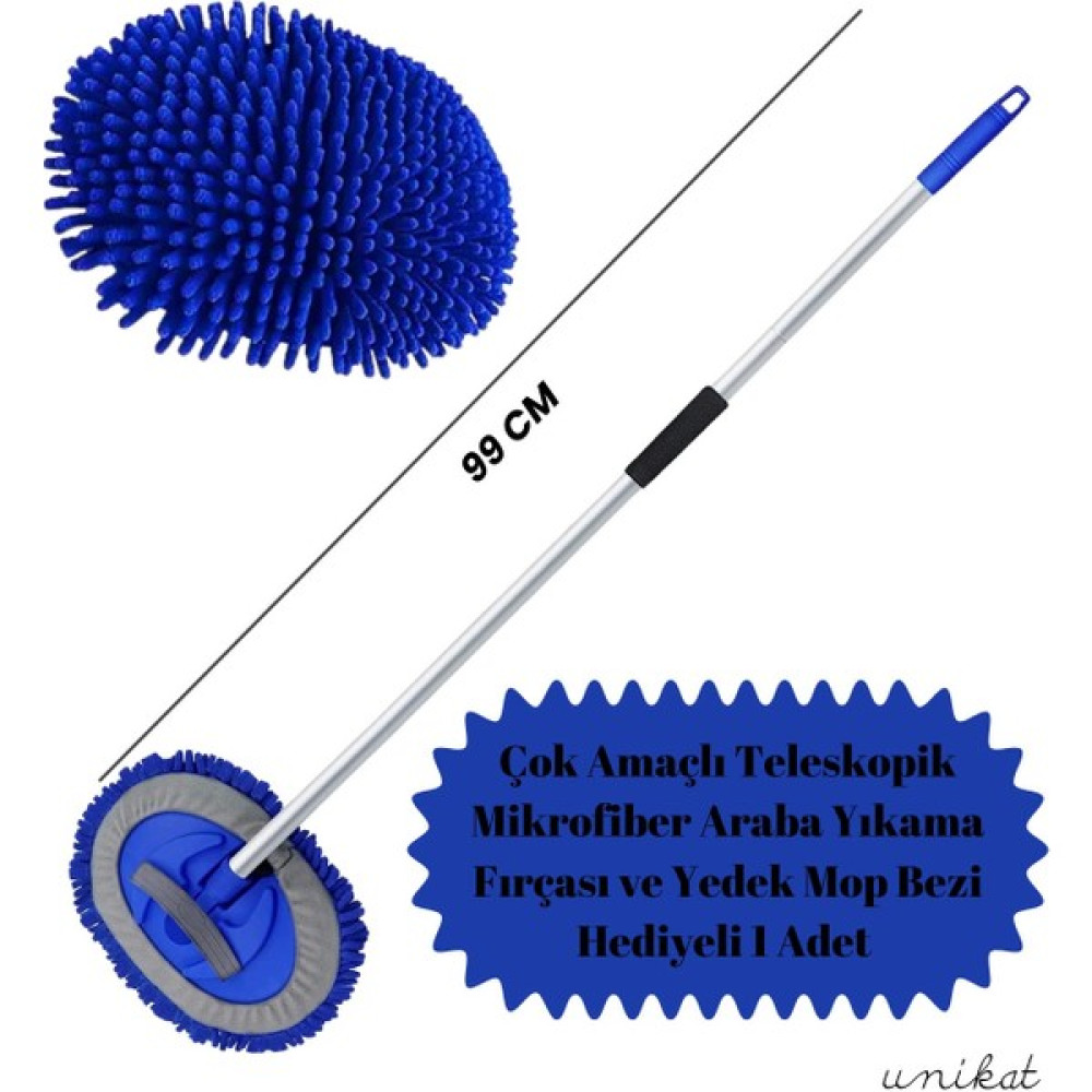Çok Amaçlı Teleskopik Mikrofiber Araba Yıkama Fırçası Yedek Mop Bezli 1 Adet – Saplı ve Ele Geçirmeli Kullanım Mavi Oto Yıkama Ürünleri Fiyatı